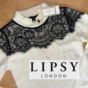 NEW LIPSY white mock neck with black lace yoke sweater, 2, N122